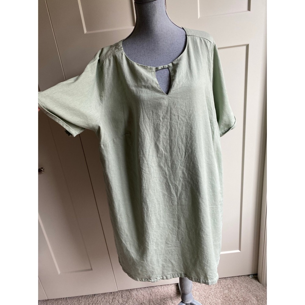 Ellos Linen Tunic Top Plus Oversized 22 2XL Green Comfort Pockets s44